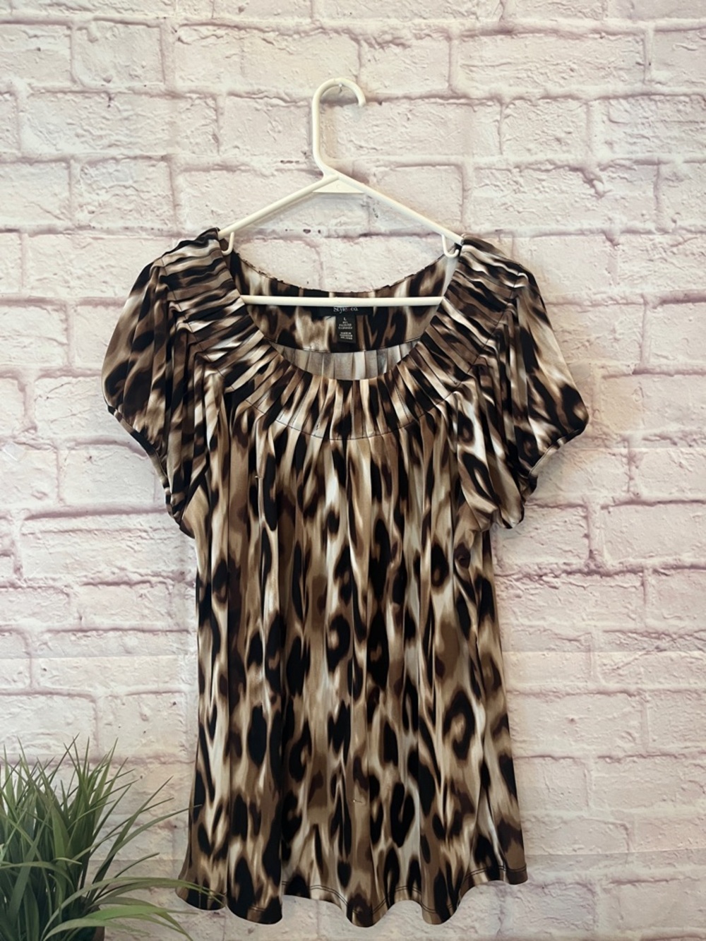 Style & Co. Taupe and Black Animal Print Short Sleeve Blouse